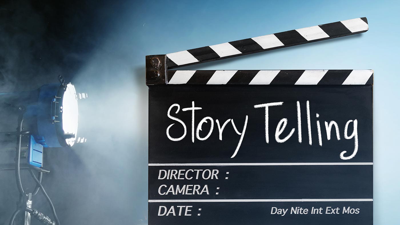 Story telling text title on film slate.Studio lighting equipment background